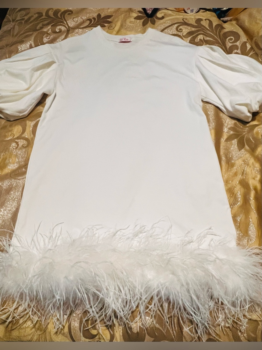 La’Ros White Feather Trim Puff Sleeve Mini Dress NWOT Medium